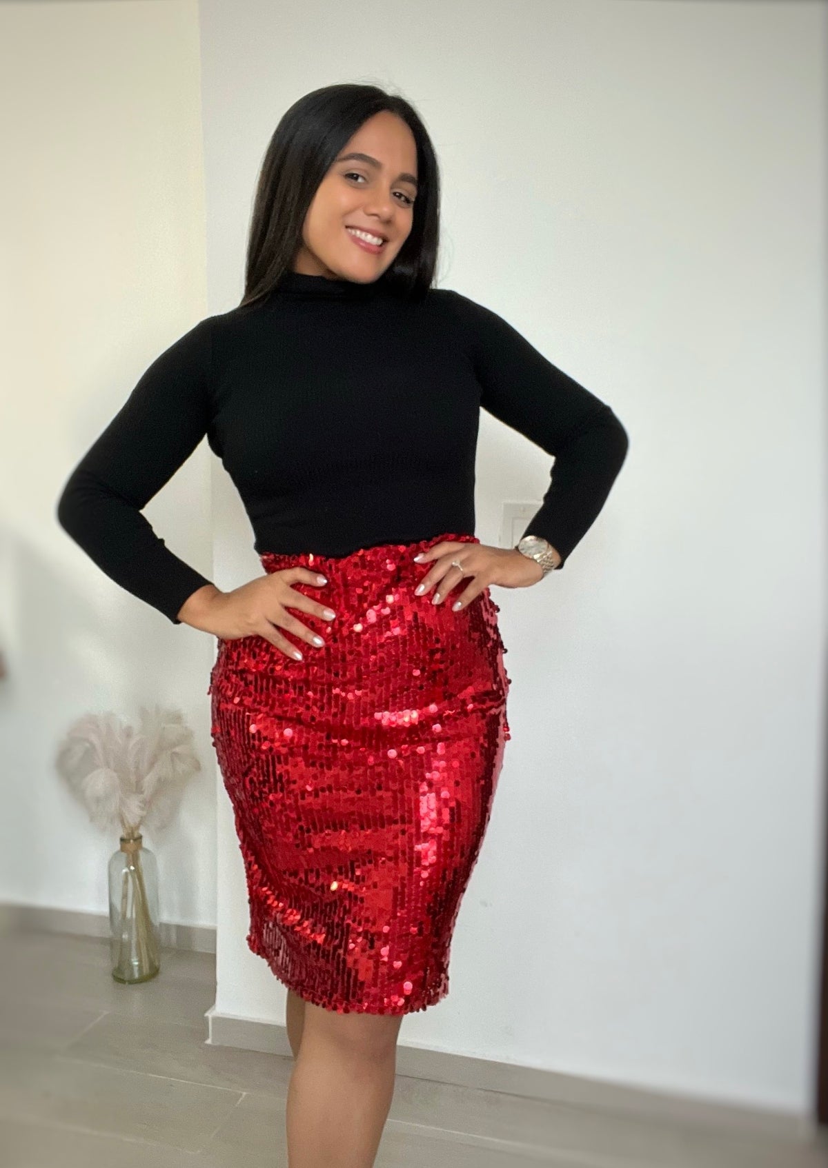 Red sequin skirt